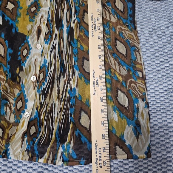 Adore Ruffle Neck Chiffon Blouse Blue Yellow Ikat Abstract Sheer Top Size Medium - Picture 6 of 6